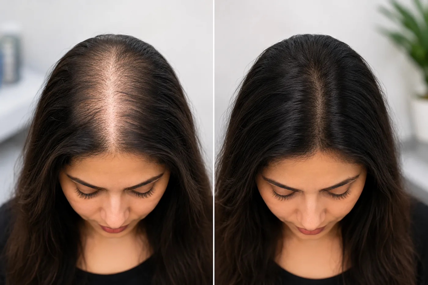 Before and after a female hair transplant showing restored density