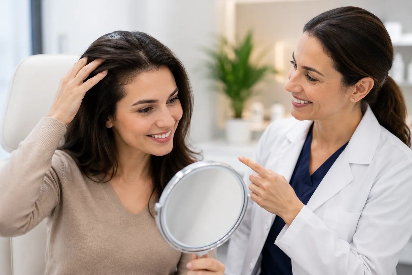 A happy client reviewing her hair-restoration results with a specialist