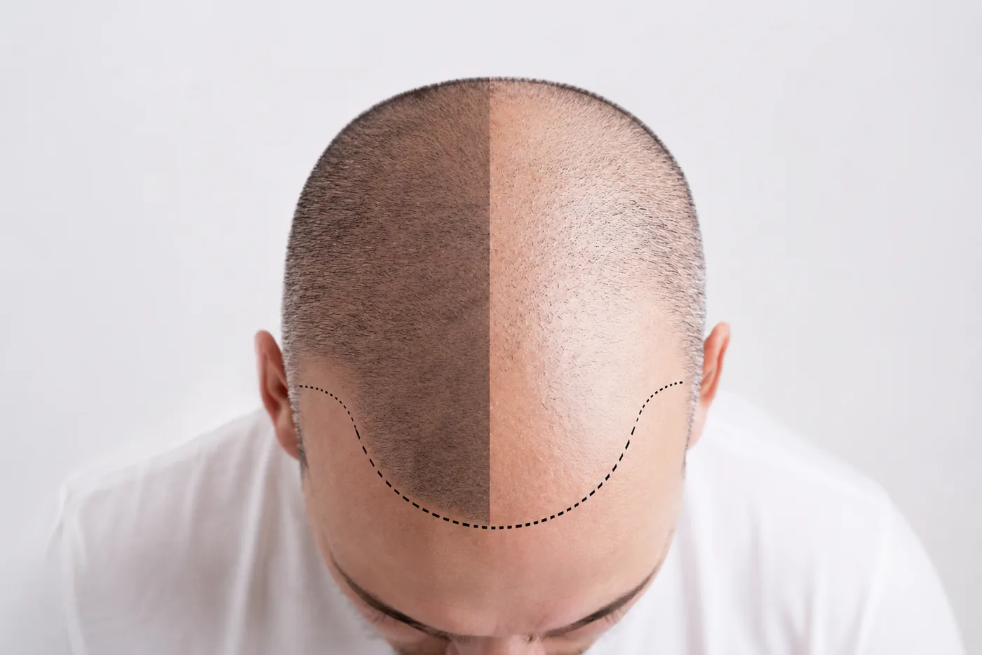 A specialist planning graft placement on a patient's scalp