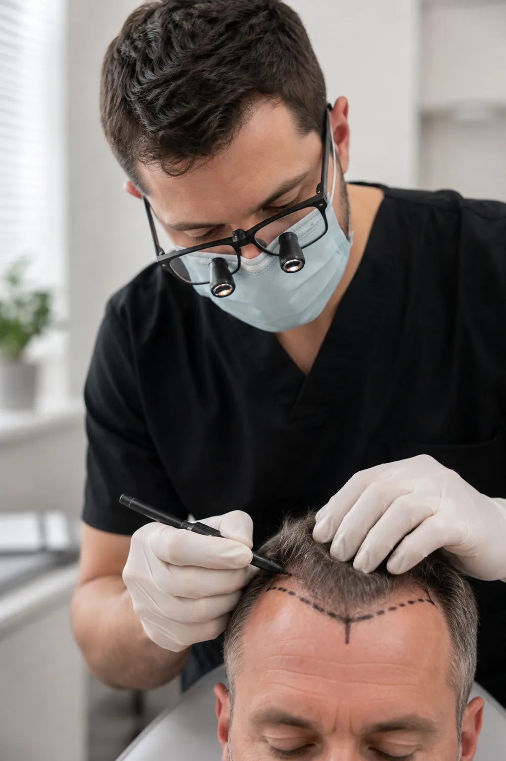 A surgeon assessing a patient's hairline and density