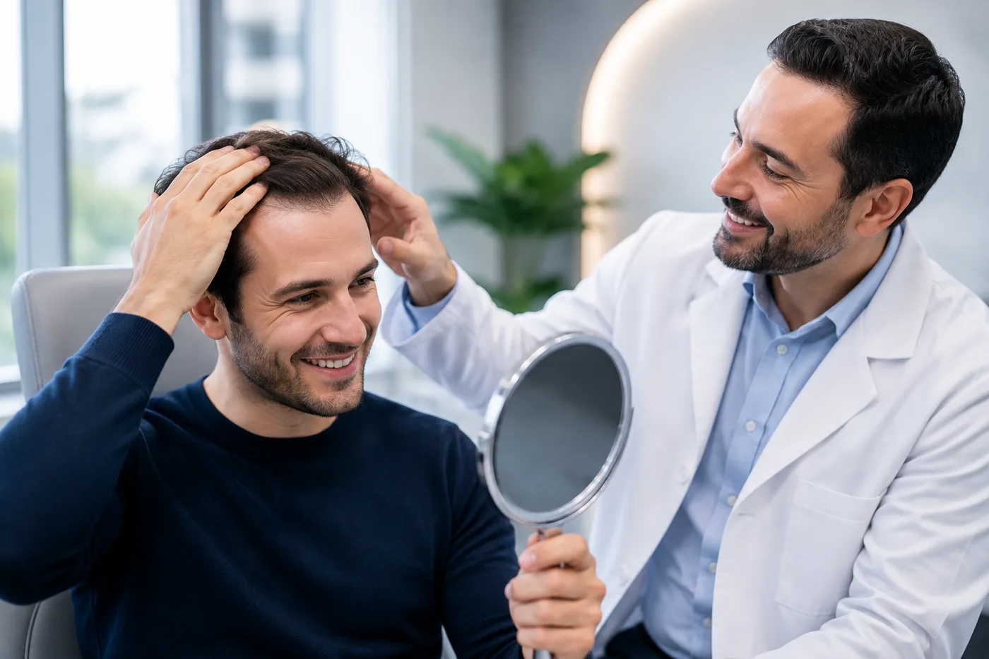 A doctor preparing a hair-restoration treatment plan